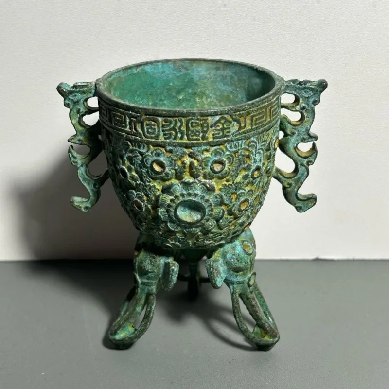 Collectible Vintage Wine - Antique Bronze Ritual Cup Double Dragon